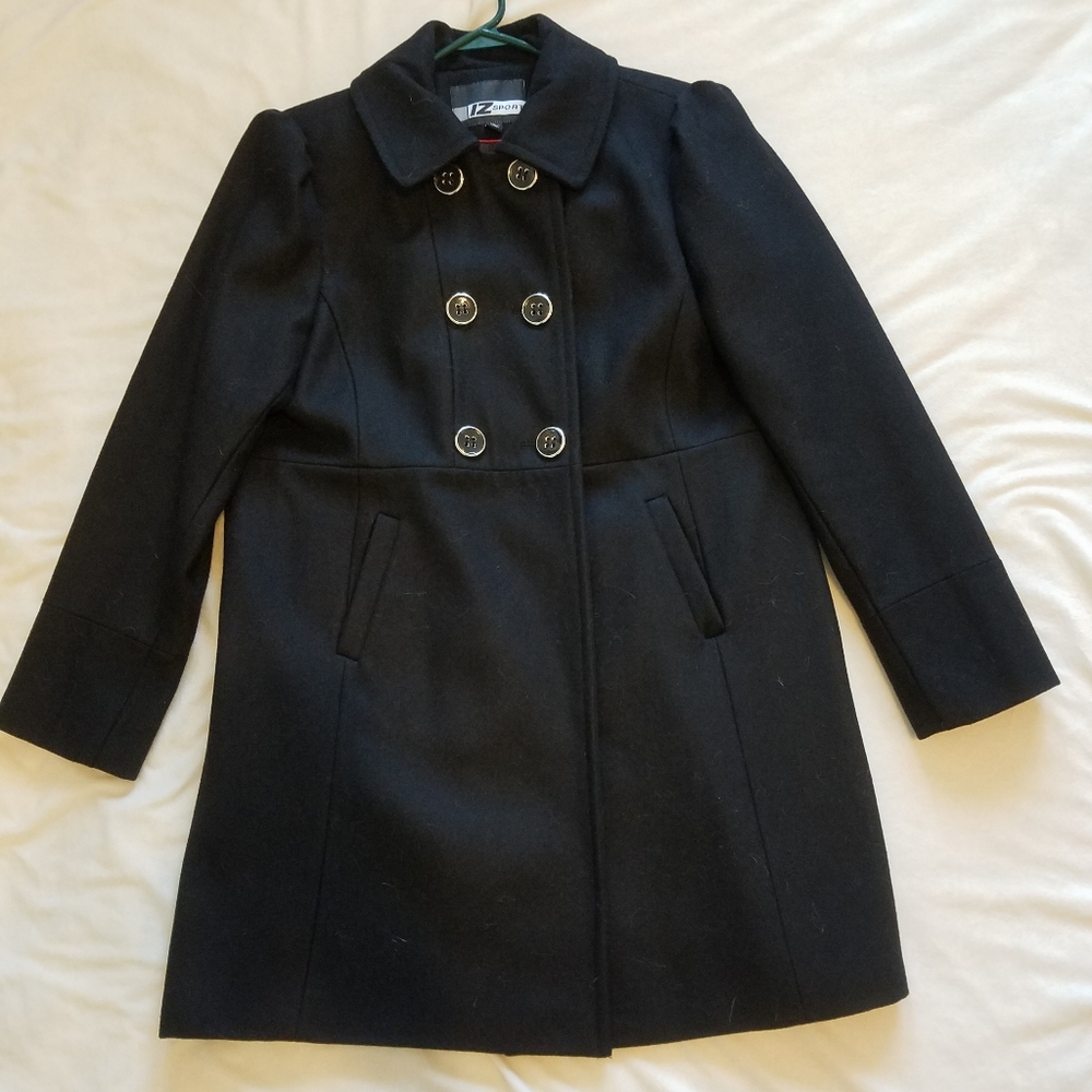 IZ Sport black wool pea coat 3 button closure